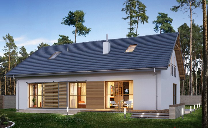 E-275 Dom o prostej bryle z dwuspadowym dachem - wizualizacja